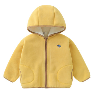 右欧儿童连帽毛毛外套加绒休闲保暖男童女童冬季新款小熊系列童装