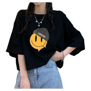 韩版新款纯棉短袖T恤女黑色慵懒风小个子中袖宽松大码短款上衣服