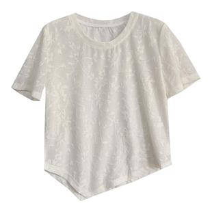 凹凸花纹！轻薄遮肚子圆领压花开叉不规则上衣女微透显瘦百搭T恤