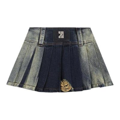 YJ1NGZYZJ 皮标渐变破碎牛仔百褶裙