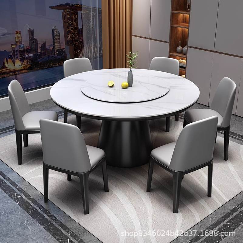 全实木岩板餐桌椅组合1.8转盘饭桌电磁炉家用酒店现代米2圆桌带米