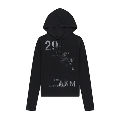 AAKAM 25秋冬新品做旧字母印花连帽长袖T恤韩国代购