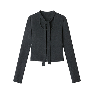 Uena灰色圆领针织开衫长袖T恤