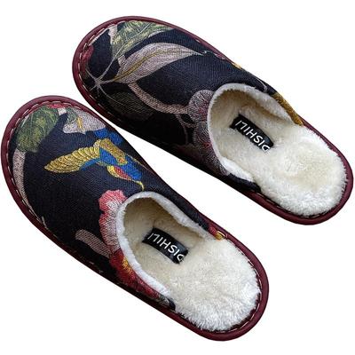 棉麻印花冬季包头家居男士拖鞋女室内情侣防滑软底居家鞋保暖棉鞋