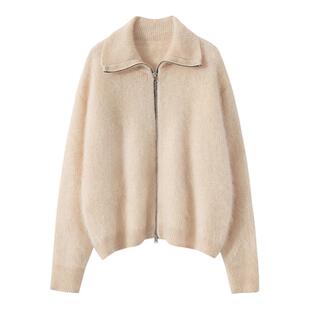 穿出高颜值新款绒衫女100纯山羊绒纯色宽松上衣翻领拉绒针织开衫