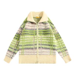 BOYUE帛跃秋冬港风拼色条纹毛衣扎染仿貂毛原宿软糯中性外套男女