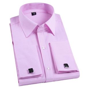 春秋装法式衬衫男长袖新郎结婚礼服袖扣寸衣正装修身伴郎衬衣粉红