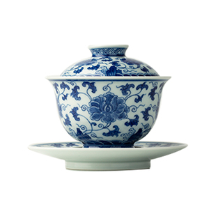 三勤堂手绘青花牡丹盖碗景德镇陶瓷缠枝泡茶碗敬茶杯功夫茶具高档