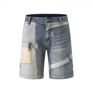 高端个性拼接补丁牛仔短裤男款夏季工装五分裤潮流破洞复古中裤子