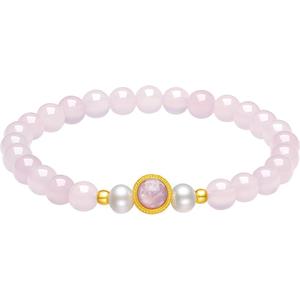 周六福黄金珍珠手串女款5d硬金足金镶嵌玉髓几何珐琅弹力绳手串