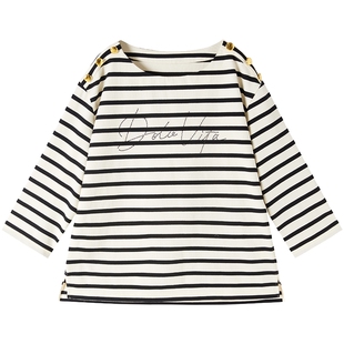 商场同款URLAZH有兰2025夏季新款黑白条纹圆领落肩金扣上衣T恤女