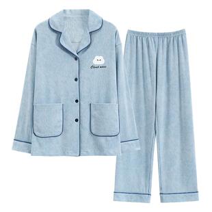 猫人纯棉睡衣女带胸垫秋冬新款长袖翻领高级可外穿家居服大码套装