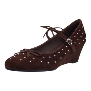 5cm磨砂真皮坡跟铆钉浅口玛丽珍鞋女高跟一字式圆头显瘦百搭单鞋