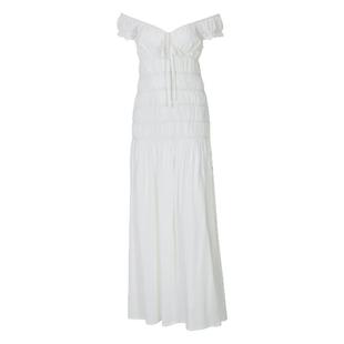 gusty法式浪漫V领露肩打揽茶歇裙长裙清纯初恋感白裙子度假连衣裙