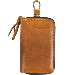 手工复古钥匙包男真皮大容量拉链钥匙收纳包植鞣牛皮汽车锁钥包潮