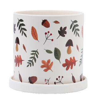 北欧叶子印花陶瓷花盆带托盘耐用透气陶土盆带托盘多肉植物仙人掌