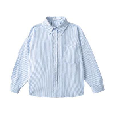 清爽韩系蓝色条纹衬衫薄款大码女慵懒宽松胖mm春计感小众气质上衣