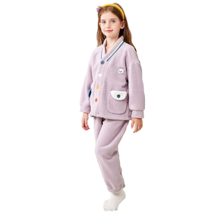 猫人女童法兰绒睡衣秋冬款加厚绒中大童男孩儿童珊瑚绒家居服套装