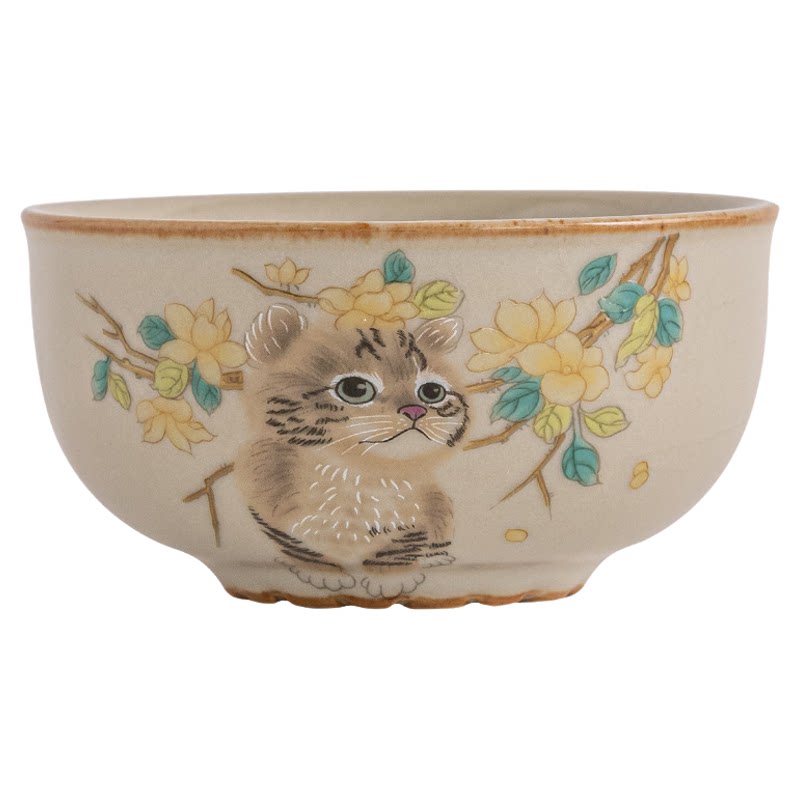 仿宋米黄汝窑萌猫茶杯大容量水杯