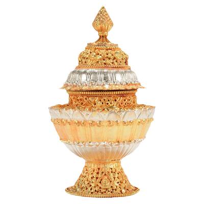 尼泊尔手工铜鎏金鎏银米盒摆件