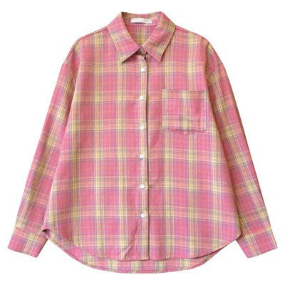 现货！甜美蜜糖粉色格纹衬衫春新品韩国慵懒感宽松休闲长袖上衣女