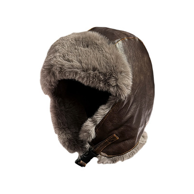 Jodhat复古皮革飞行员帽子保暖加绒护耳骑行机车女帽秋冬雷锋帽男