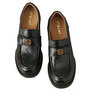 星期六真皮羊皮乐福鞋女款柔软舒适圆头厚底粗跟女黑色小皮鞋单鞋