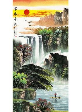 聚宝盆山水画办公室靠山国画富水长流风景挂画客厅沙发背景墙壁画