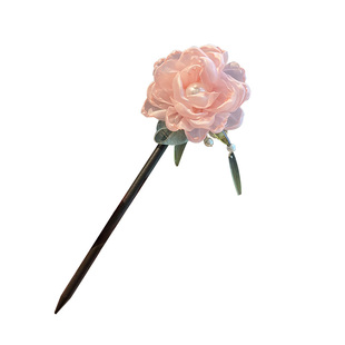 粉色花朵发簪古风女高级感盘发簪子新中式玫瑰花发钗日常通勤头饰