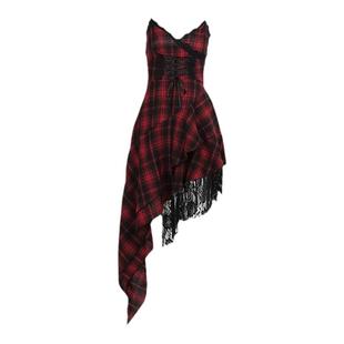 万圣节复古辣妹裙亚文化黑红打歌服亚比穿搭不规则御姐格子连衣裙