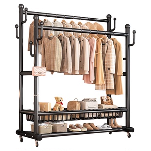 衣架落地卧室双杆晾衣架家用置物收纳架可移动衣服挂架室内衣帽架