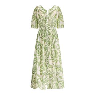 26春夏法式V领清新绿色印花连衣裙灯笼袖收腰开叉度假风长裙