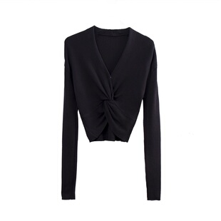 拖延症 / 推荐 糯糯软软设计感交叉上衣女 V领显瘦露脐长袖针织衫