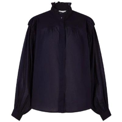 ANTIK BATIK x LOOKNOW2025年秋季新款深蓝色花边泡泡袖衬衫女