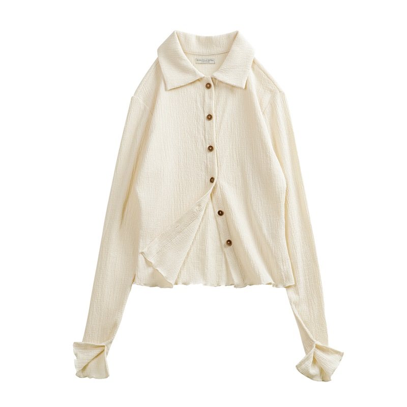 马登米色针织木耳边修身上衣美式短款衬衣开衫长袖t恤上衣女士春