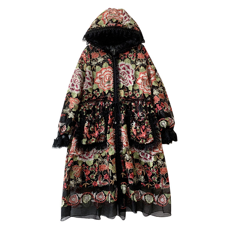 桑蚕丝刺绣棉服女装中年妈妈时尚百搭收腰中长款过膝保暖棉衣外套