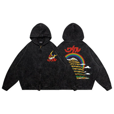 TEE7-圣诞新年神龙斗士创界山水洗做旧重磅纯棉连帽卫衣拉链帽衫