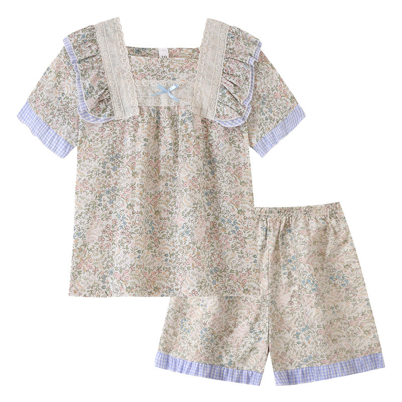 夏款纯棉短袖公主风母女装家居服