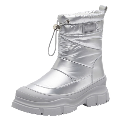 真美诗加绒保暖中筒银色雪地靴