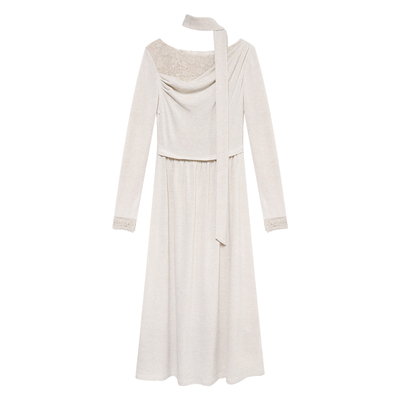 贰羊设计【柔蔓】法式斜荡领蕾丝假两件连衣裙女收腰气质针织长裙