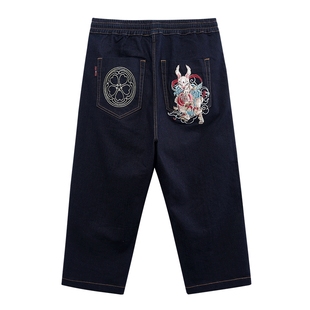 ONIARAI/鬼洗秋冬泥棒蓝金钱兔八分牛仔刺绣阔腿裤男士 23N0441