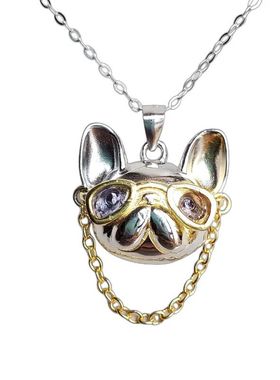 天然坦桑石眼睛 酷炫帅气斗牛犬 S925纯银双色电镀项链