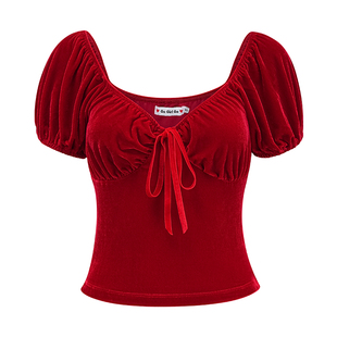 Go Girl Go自制欧美风红色丝绒v领短袖T恤女泡泡袖修身辣妹短上衣
