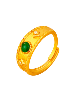 仿金色拉丝镶嵌祖母绿宝石戒指