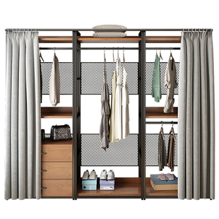 步入式衣柜架衣帽间置物架金属铁艺开放式衣架卧室落地挂衣架帘子