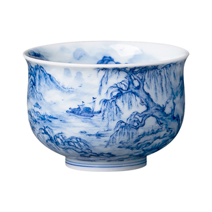 景德镇纯手工高档青花瓷陶瓷茶杯功夫茶具主人杯手绘春山烟雨单杯