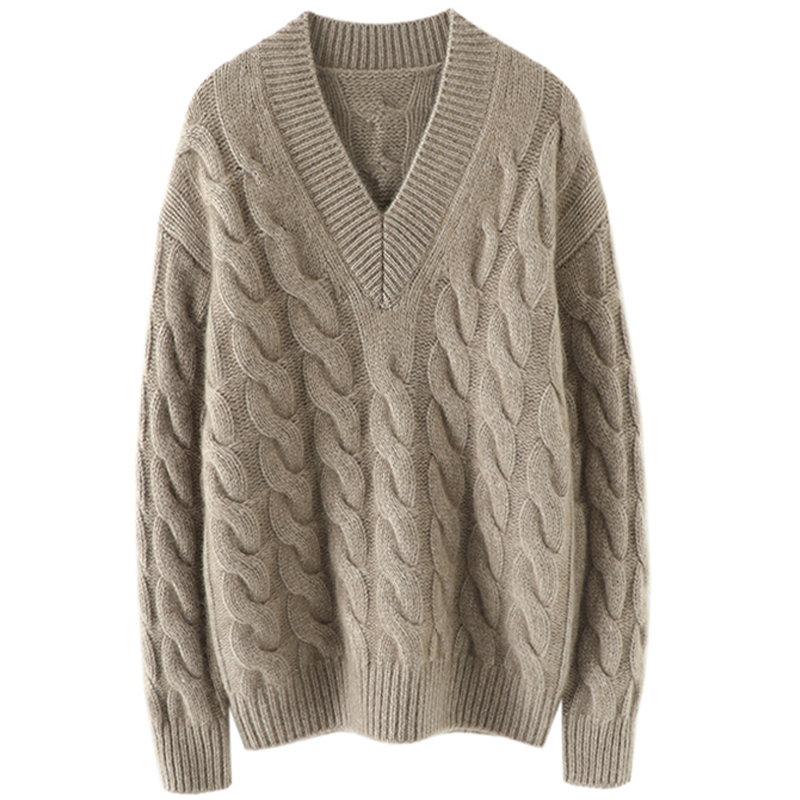 谁穿都气质~粗针加厚100%纯山羊绒衫女V领绞花纯羊绒毛衣宽松新款