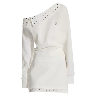 设计感一字肩斜肩白色卫衣连衣裙子女早春2026小个子韩系穿搭套装