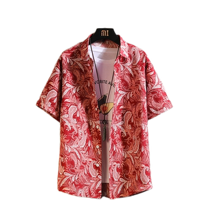 夏季男士80年代复古港风衬衫痞子印花宽松半袖衬衣大码短袖上衣潮