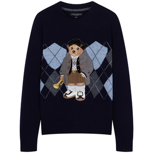 TeenieWeenie小熊女装含绵羊毛针织衫冬季提花菱形格圆领套头毛衣